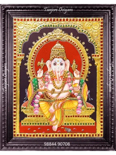 Lord Ganapati Traditional Tanjore painting seated throne gold foil artwork